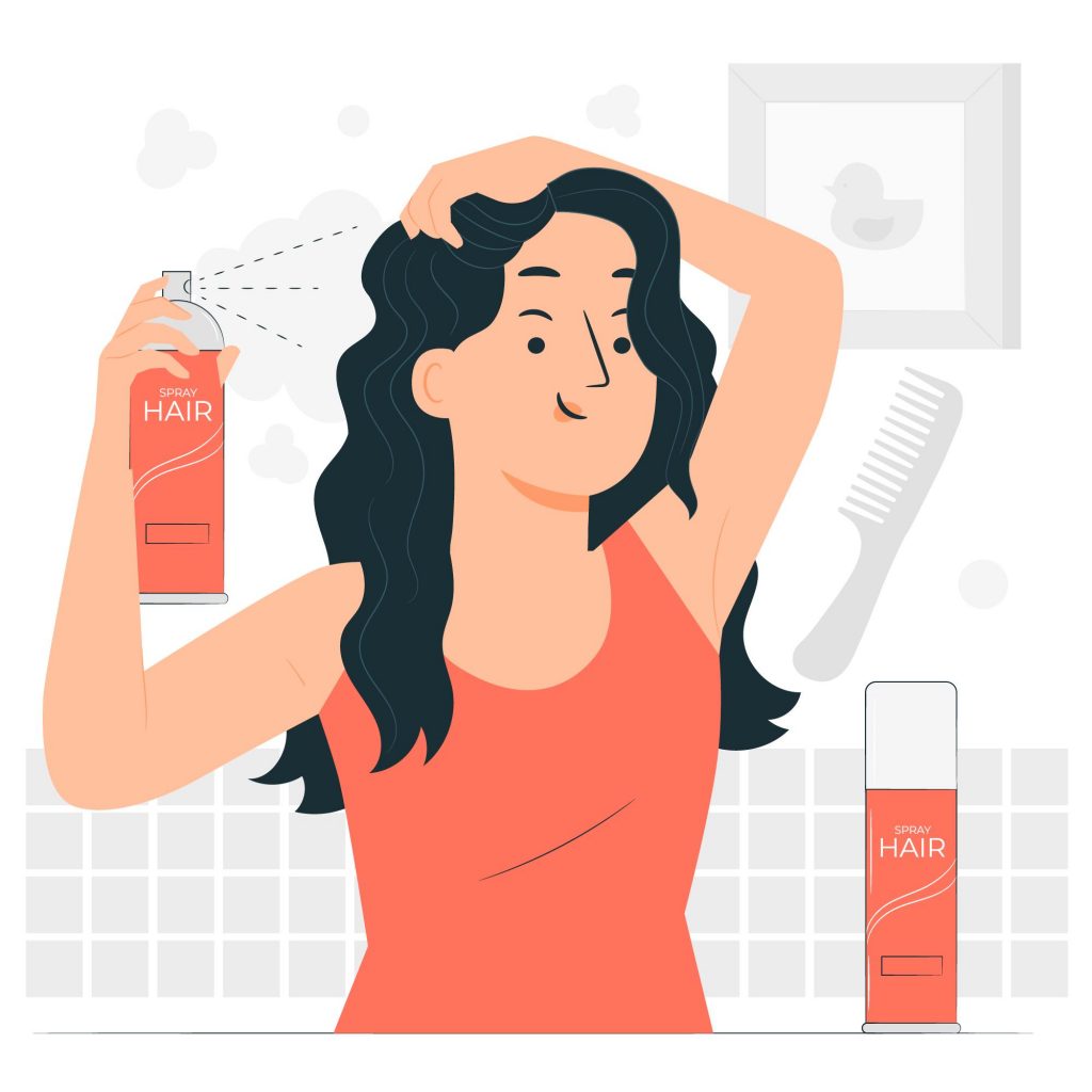 girl oiling hair and using hair spray