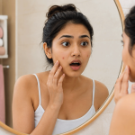 woman looking at her acne in the mirror surprisingly