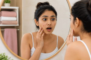 woman looking at her acne in the mirror surprisingly
