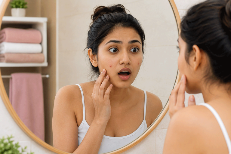 woman looking at her acne in the mirror surprisingly